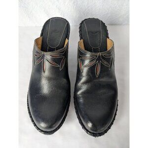 FRYE Leather Shoes Black Mule Clogs 3" Heel Charlotte Flower Size 8.5 M